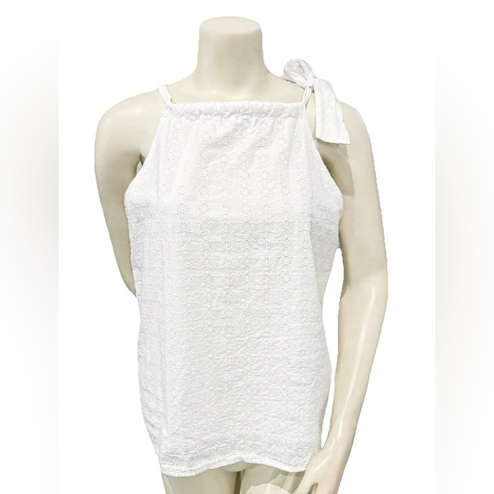 Tori Richard White Turtle Pattern Eyelet One-Shoulder Tank Top Size 4